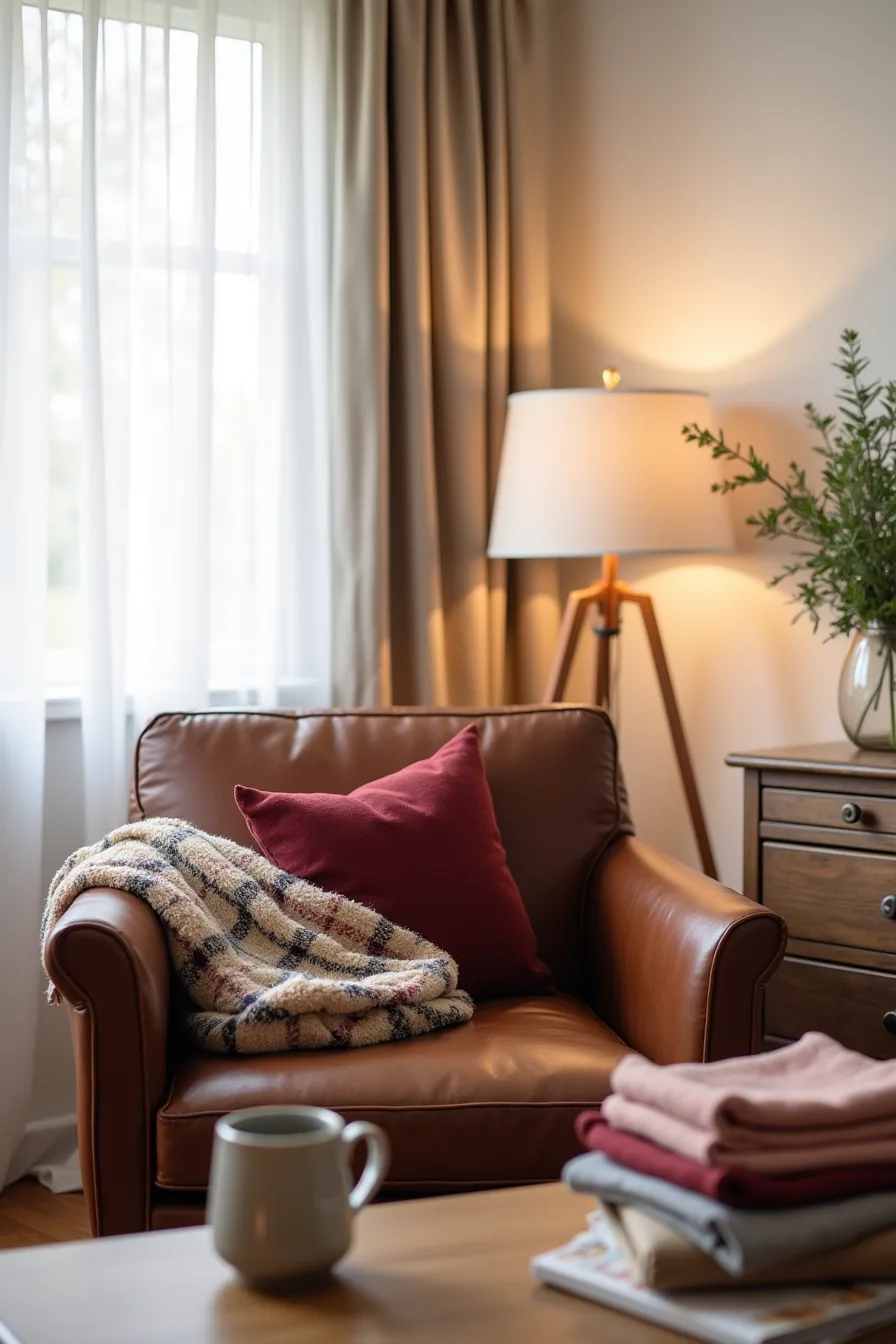 Brown leather accent chair dressed with wool plaid throw and burgundy pillow, coffee table displaying ceramic mug and fabric