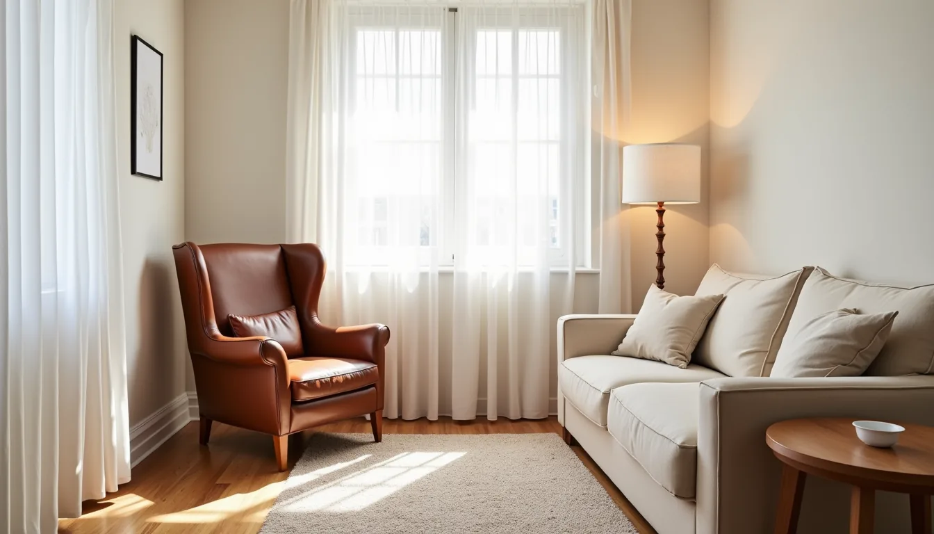 Brown leather wingback chair positioned in corner with cream sofa behind, natural light creating shadows on neutral rug.