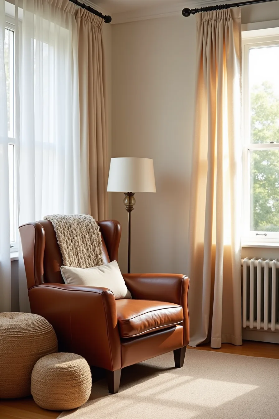 Brown leather wingback chair with chunky knit throw, jute poufs, and beige linen curtains creating layered textures.