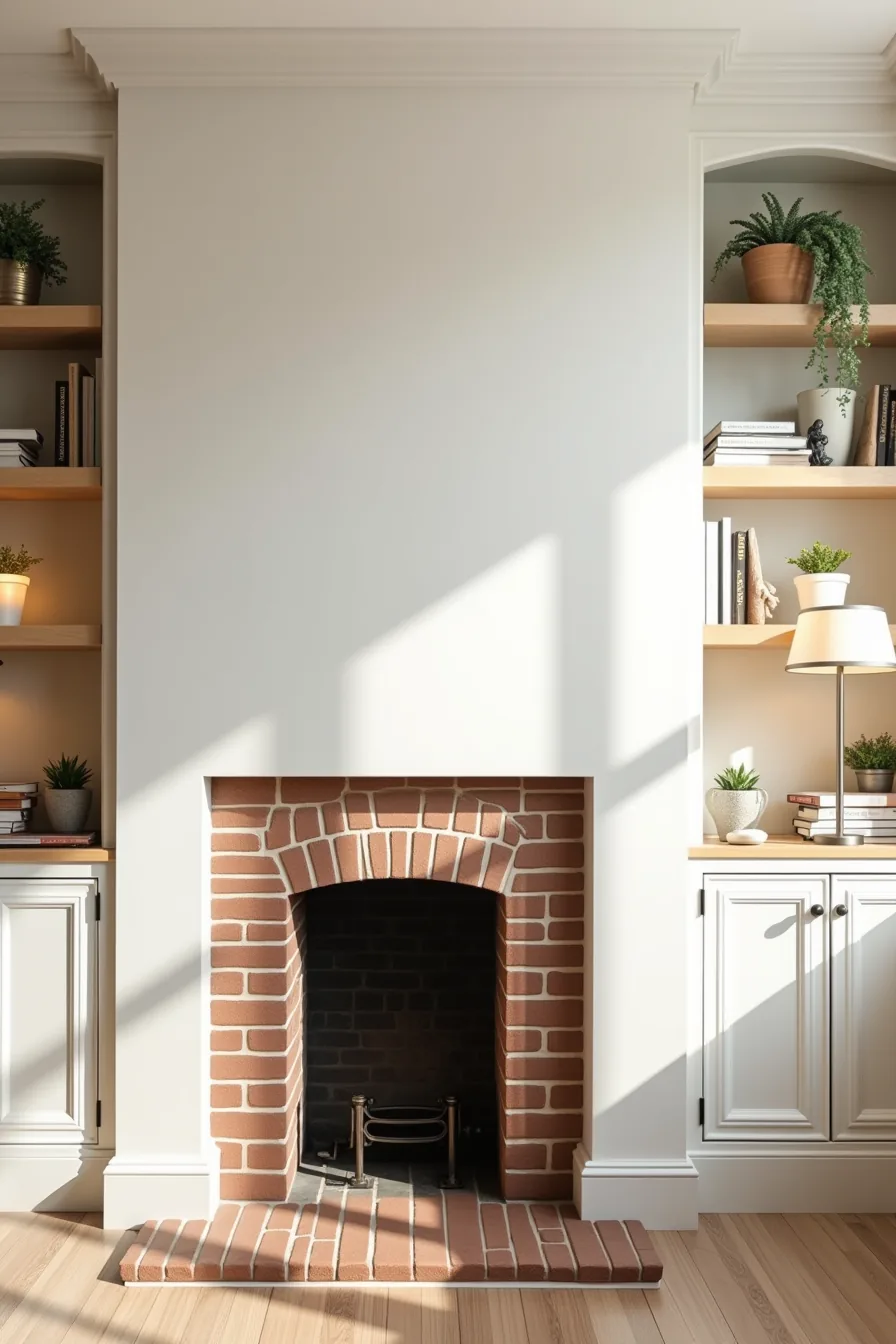 Mirrored shelves on either side of a brick fireplace hold stacked books, potted plants, and matching sculptural objects.