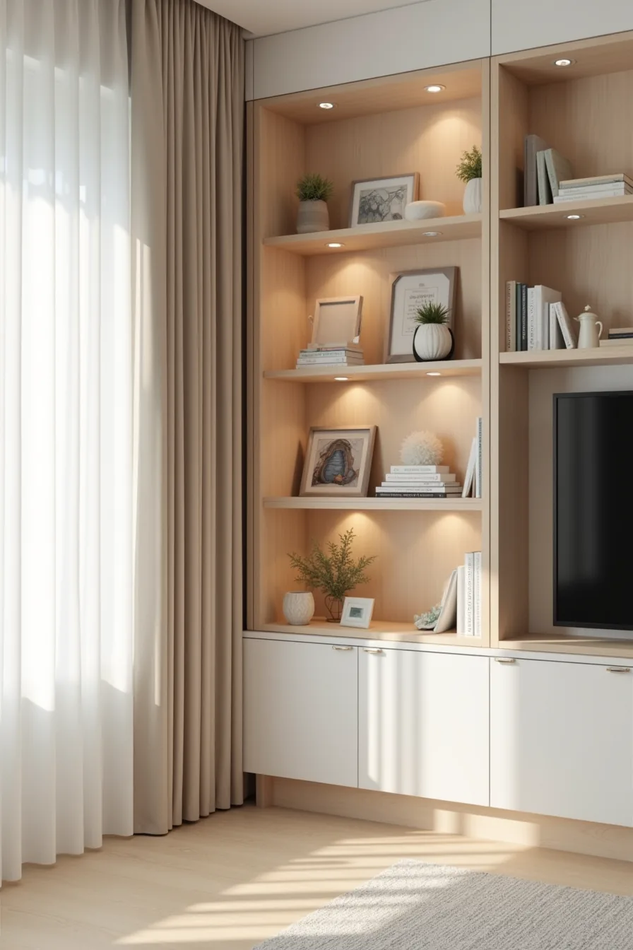 Floor-to-ceiling corner shelving displays books and decorative objects at varying heights with different shelf depths.