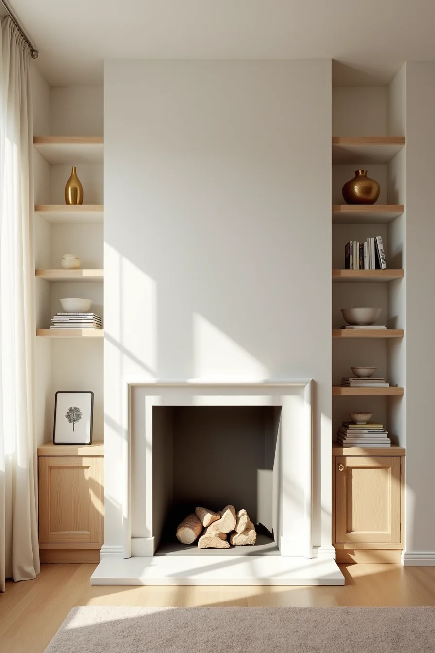 Asymmetrical shelving units of different heights flank a fireplace with varied objects creating uneven visual balance.