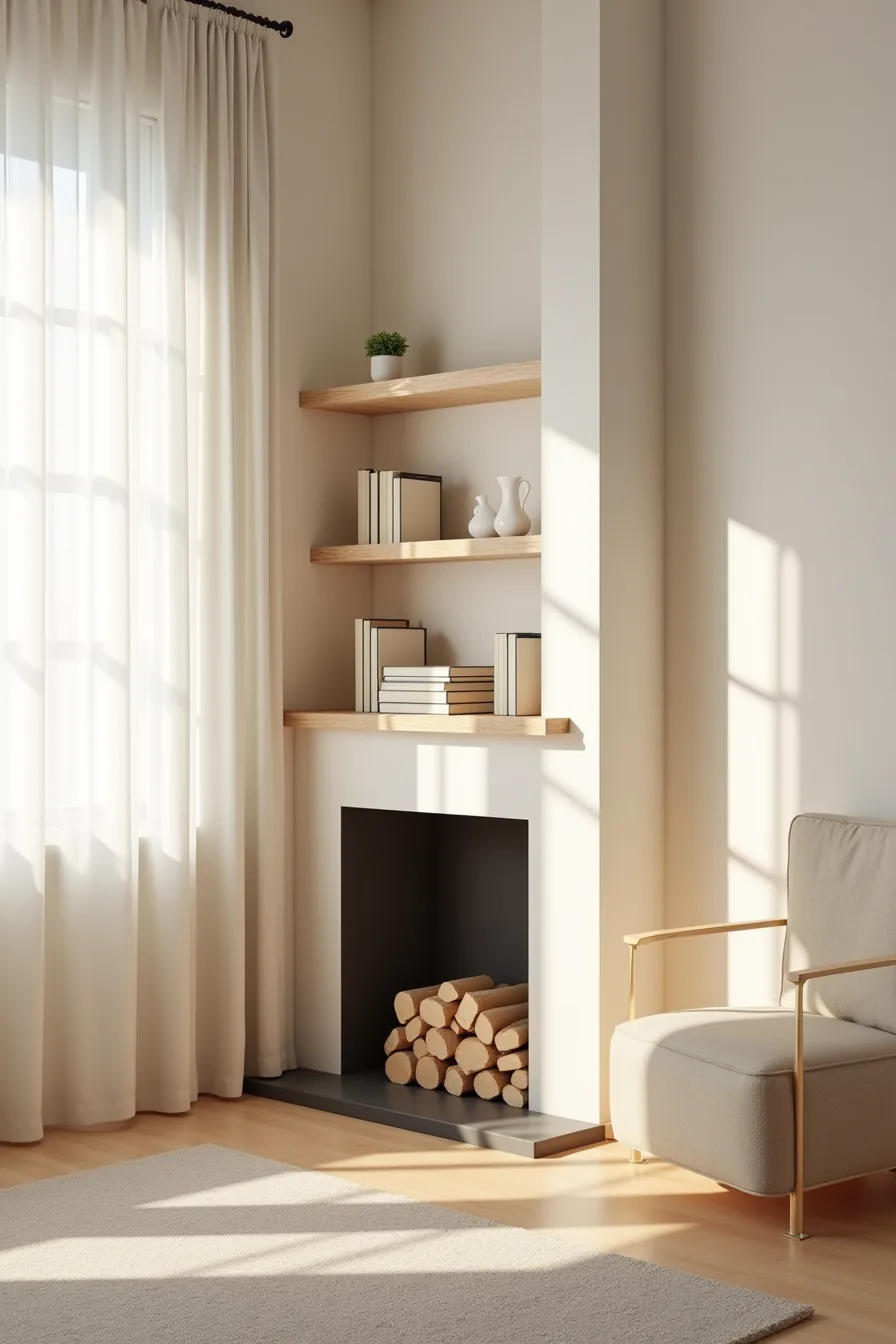 Single staggered shelving unit positioned beside a fireplace in a tight corner with minimal objects.