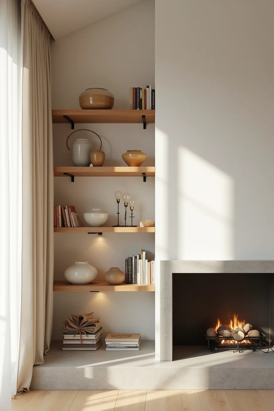 Natural wood shelves with black metal brackets frame a dark concrete fireplace displaying ceramic and wooden pieces.
