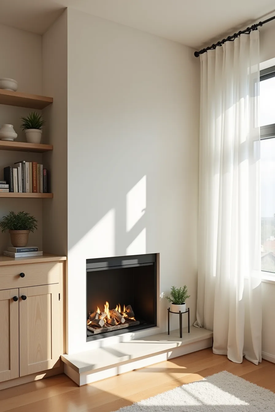 Closed cabinet doors flank a fireplace below, with open shelves displaying plants and bowls mounted above.