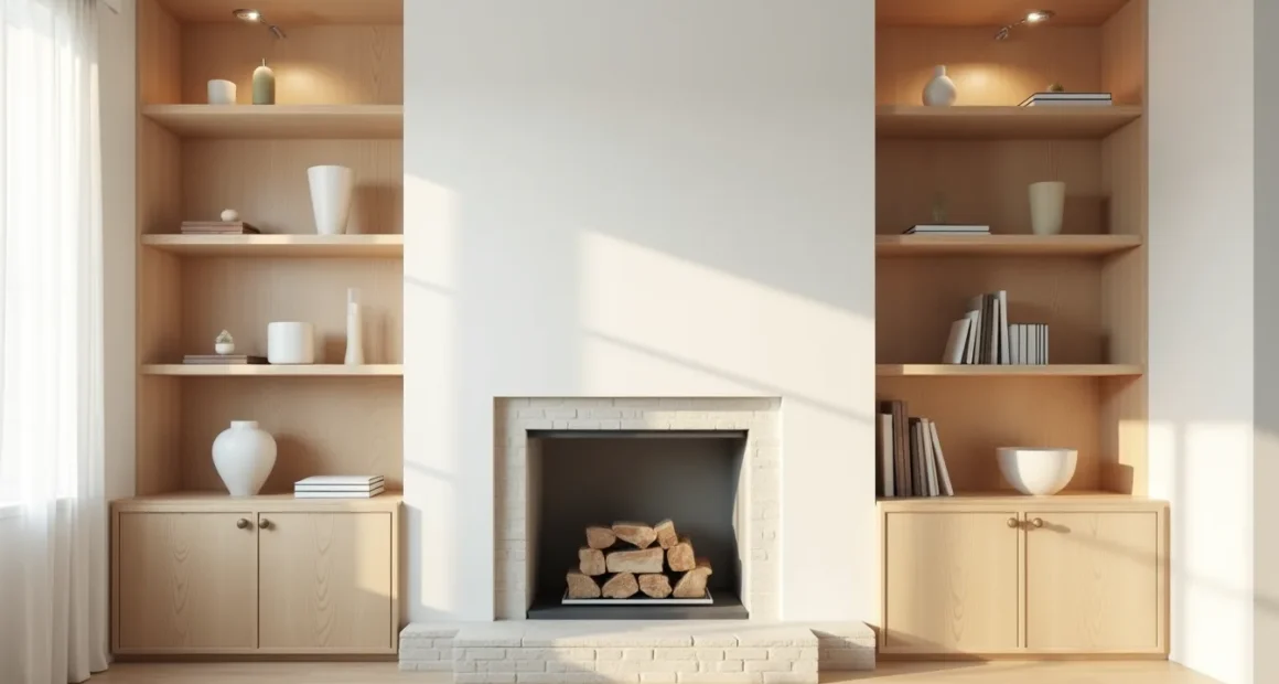 Symmetrical wooden shelves flank a centered fireplace with matching decorative objects on each side.