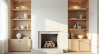 Symmetrical wooden shelves flank a centered fireplace with matching decorative objects on each side.