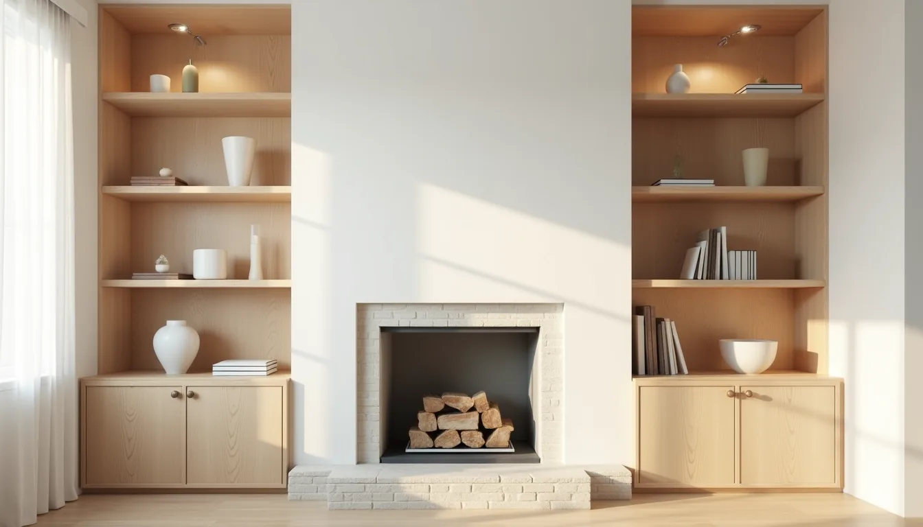 Symmetrical wooden shelves flank a centered fireplace with matching decorative objects on each side.