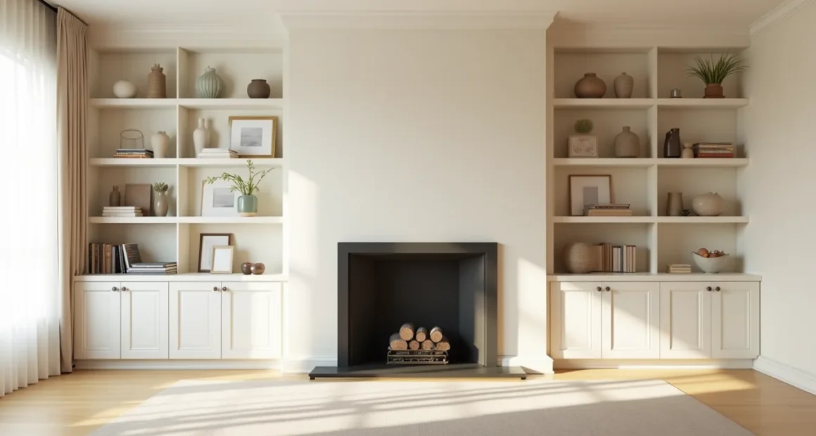 Symmetrical white shelves frame a centered fireplace mantel, displaying pottery and framed photographs in balanced pairs.