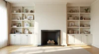 Symmetrical white shelves frame a centered fireplace mantel, displaying pottery and framed photographs in balanced pairs.