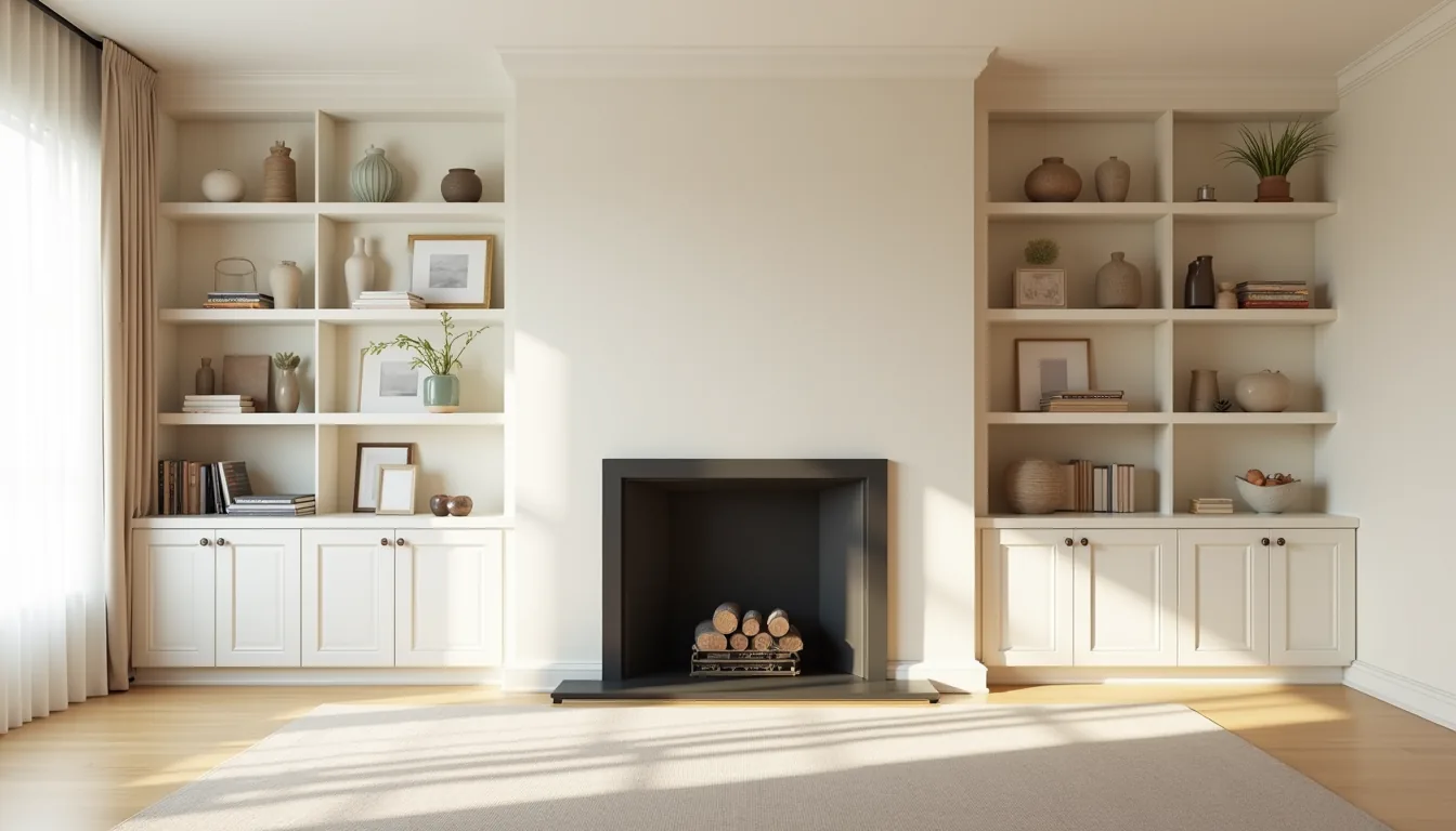 Symmetrical white shelves frame a centered fireplace mantel, displaying pottery and framed photographs in balanced pairs.