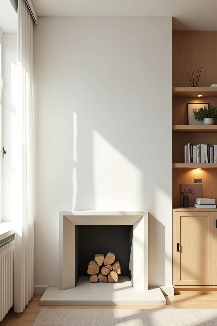 Three different fireplace shelving methods displayed side-by-side: floating brackets, adhesive system, and custom cabinetry.