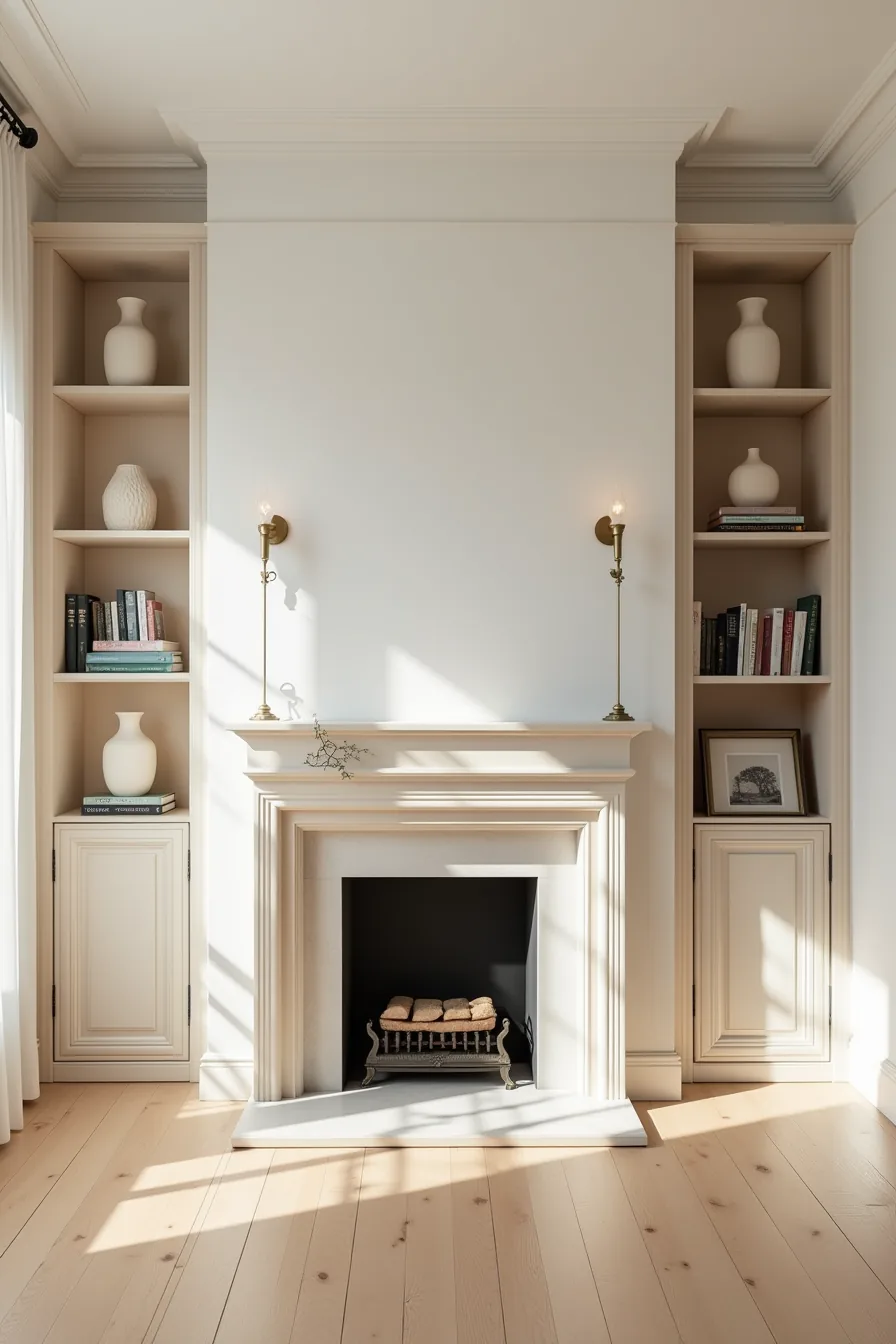 Two matching tall shelving units frame a traditional fireplace mantel holding symmetrical vases, books, and frames.