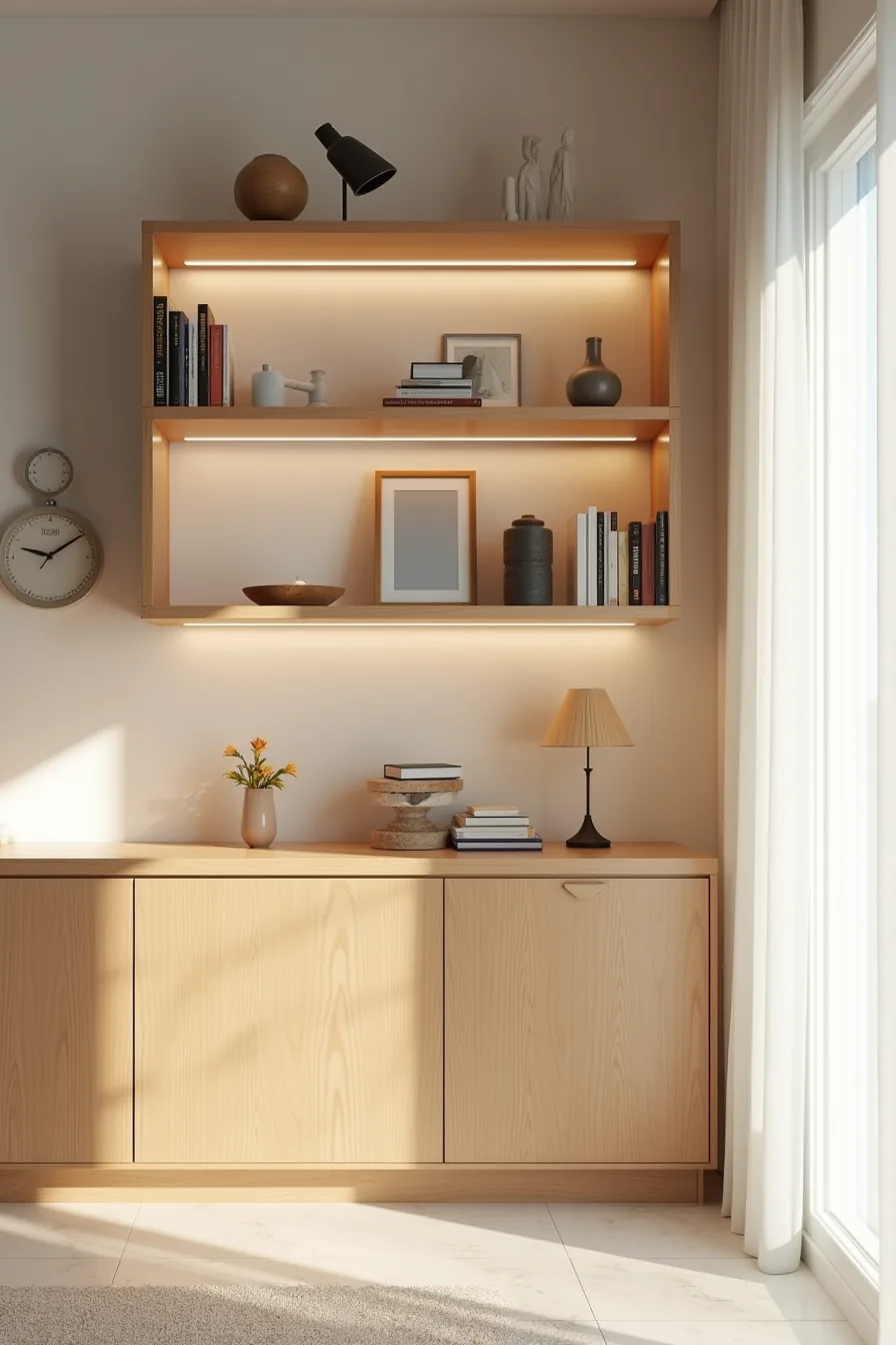 Open shelves above hold books and decorative items, while matching wooden cabinetry with closed doors occupies the lower