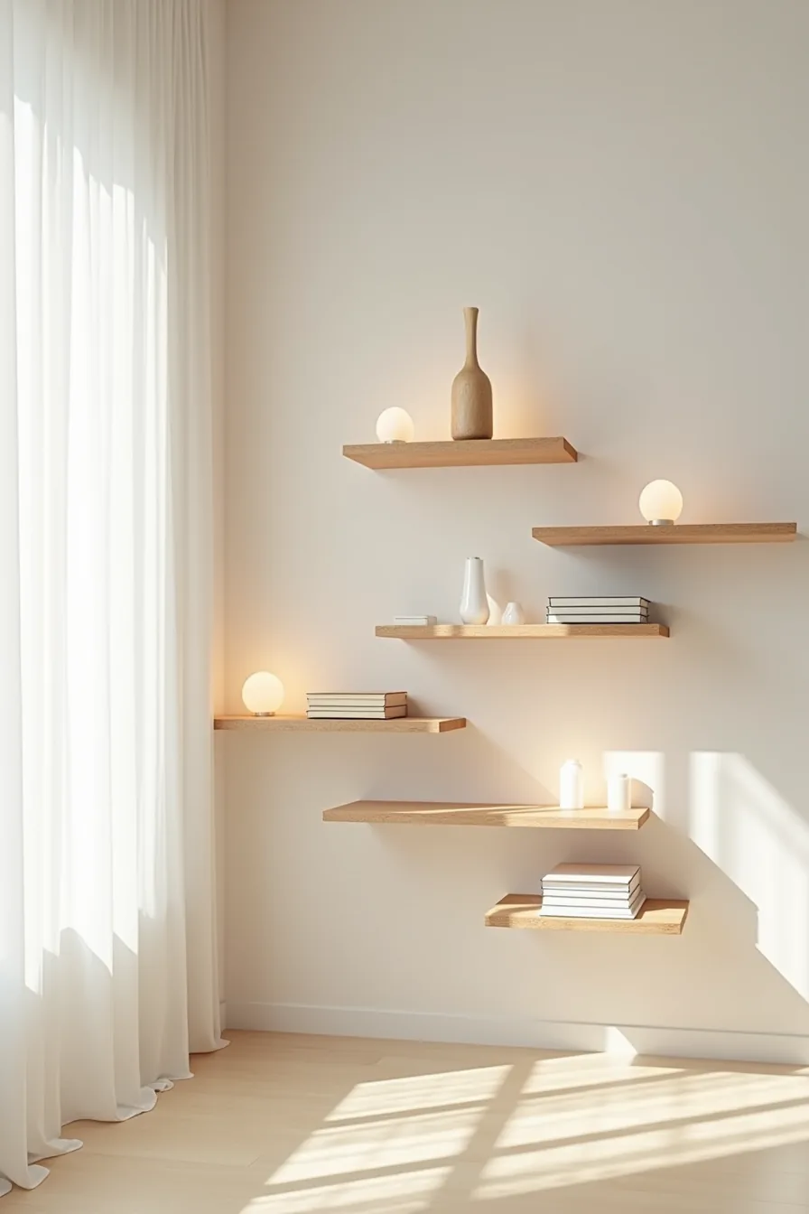 Floating shelves of different lengths display a tall sculpture, stacked books, and small decorative objects with varied