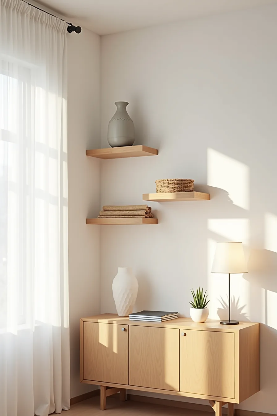 Three staggered floating shelves above a credenza display a ceramic vase, woven basket, potted succulent, and rolled