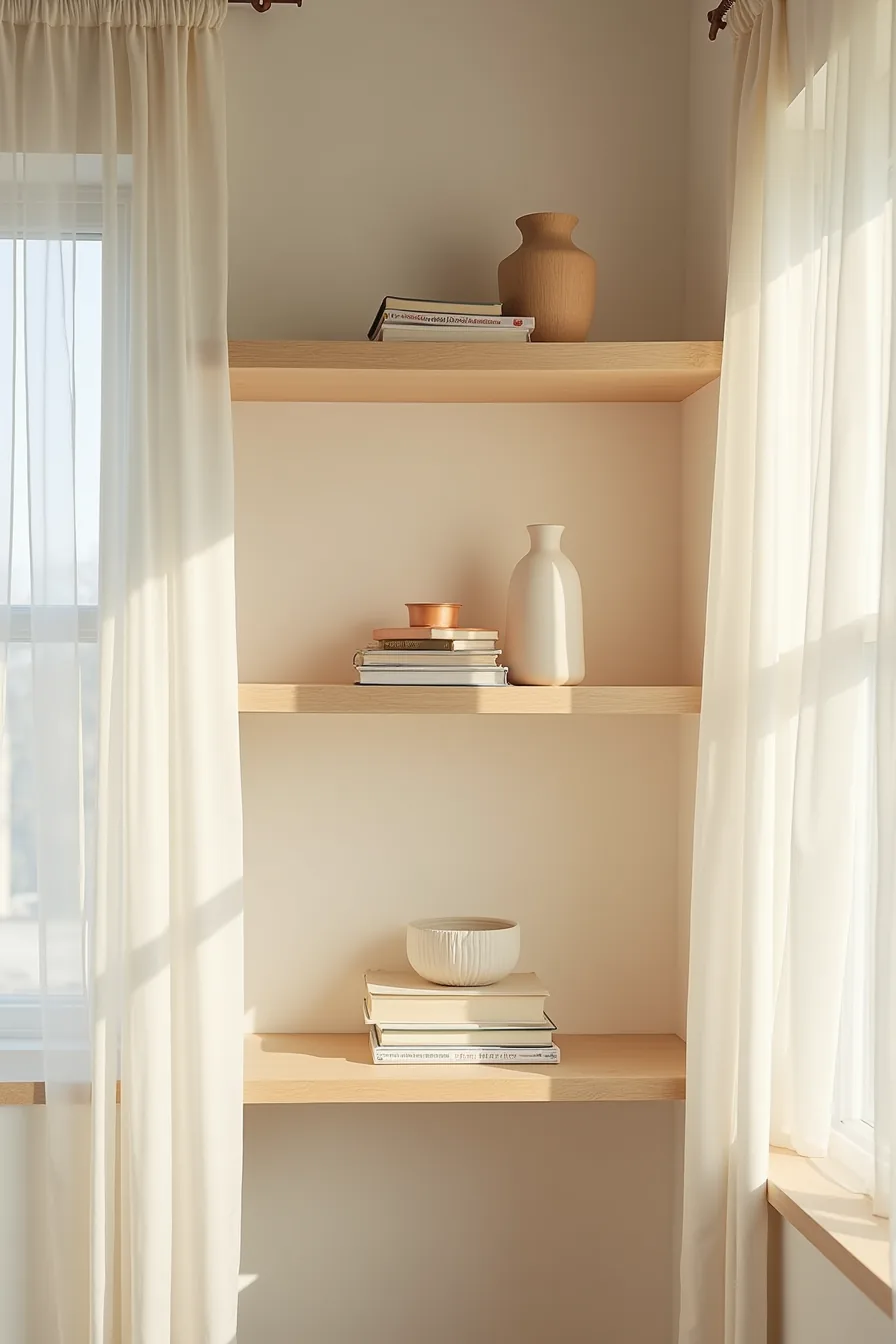 A styled shelf displays stacked books on one side and a sculptural object in the center with empty space for balance.