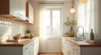 Galley kitchen with solid upper cabinets, lower cabinet pulls, stainless steel sink, and white subway tile backsplash.