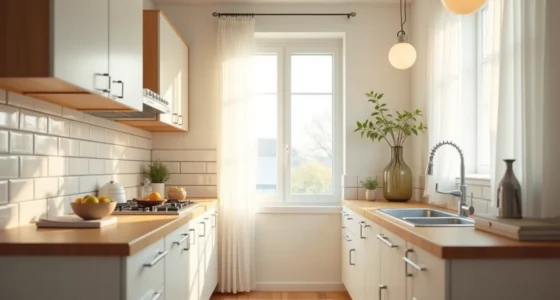 Galley kitchen with solid upper cabinets, lower cabinet pulls, stainless steel sink, and white subway tile backsplash.