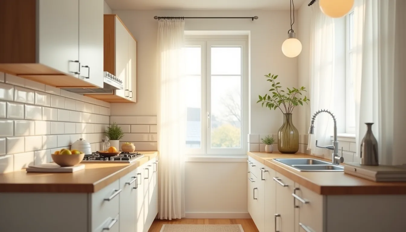 Galley kitchen with solid upper cabinets, lower cabinet pulls, stainless steel sink, and white subway tile backsplash.