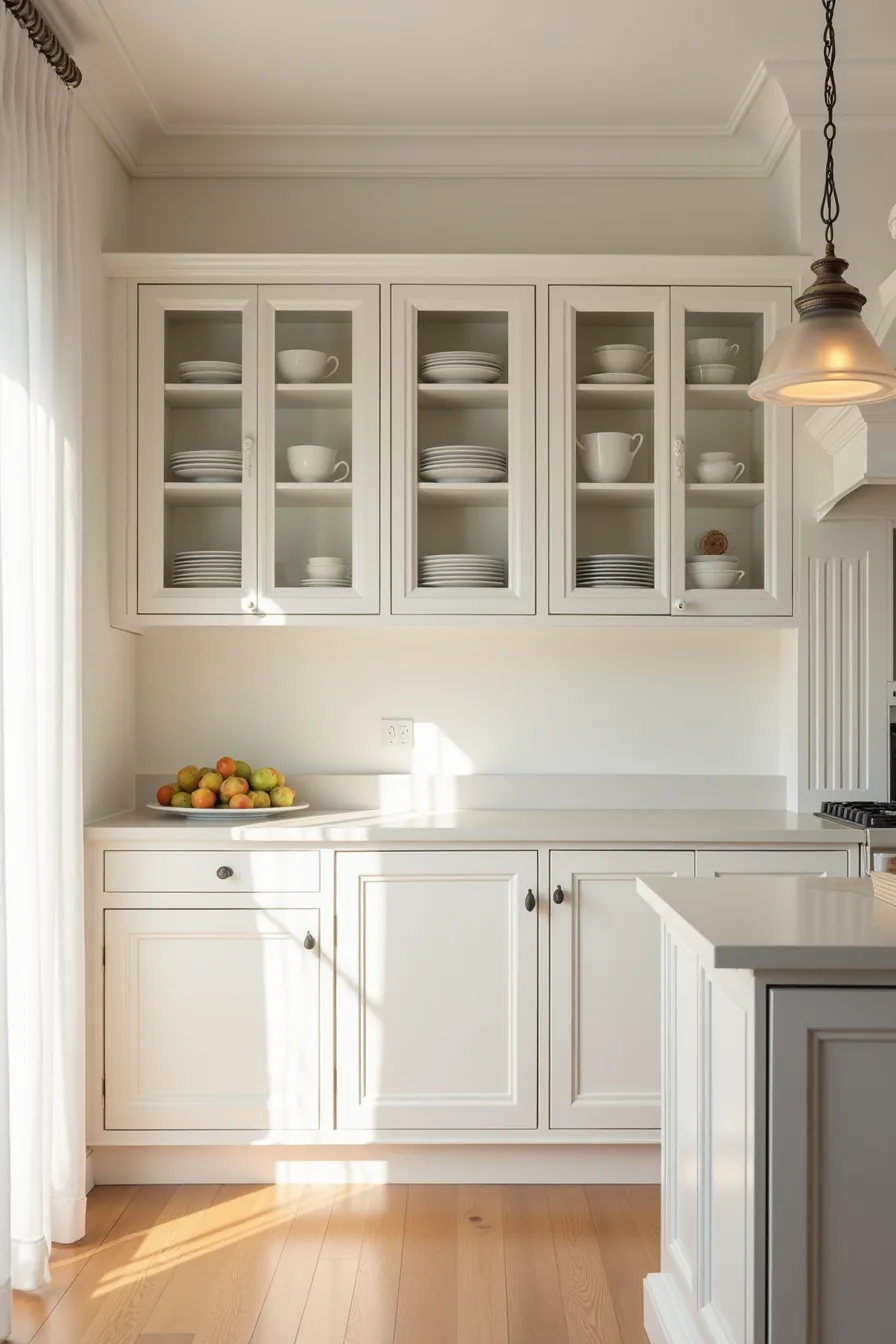 Kitchen wall with glass-front upper cabinets displaying dishware, solid lower cabinets with handles, and crown molding.