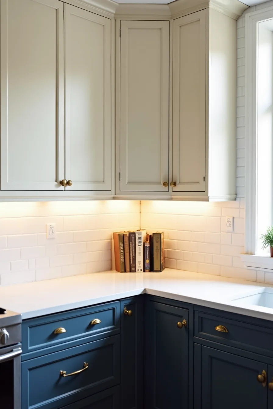 Navy blue lower cabinets and cream upper cabinets with brass hardware and white countertop in a kitchen corner.
