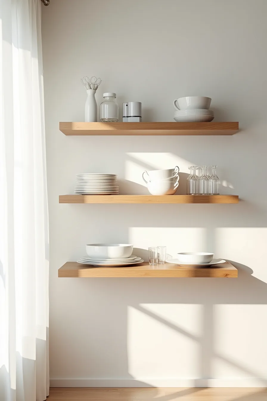 Open wooden shelves displaying stacked white plates, clear glasses, and ceramic bowls on a white wall.