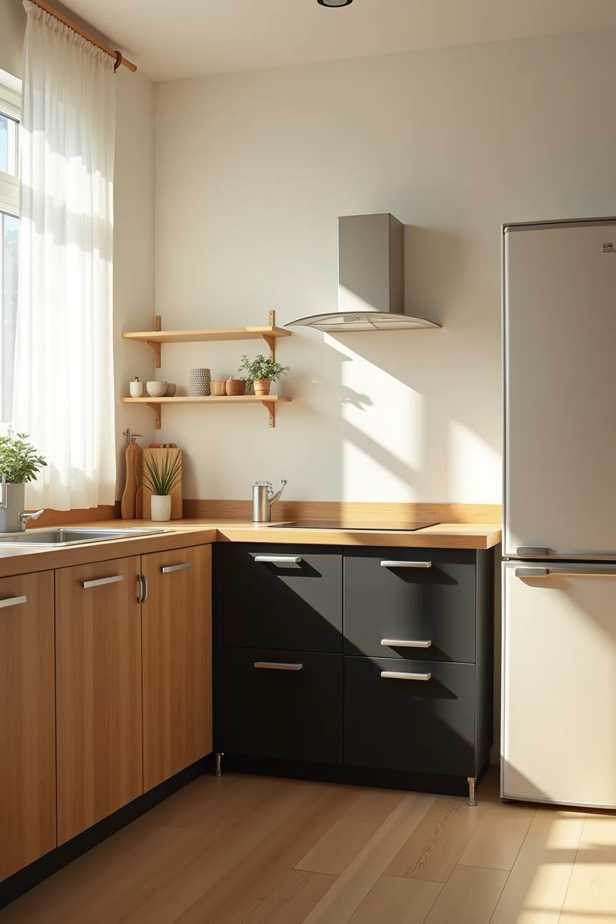Wood cabinets with black peel-and-stick vinyl finish on lower doors, original hardware visible, and freestanding pantry