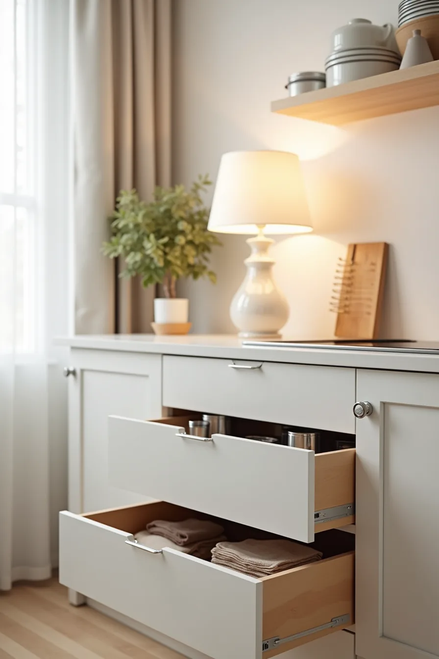 Three stacked drawers pulled open showing utensils, cookware, and linens organized inside.