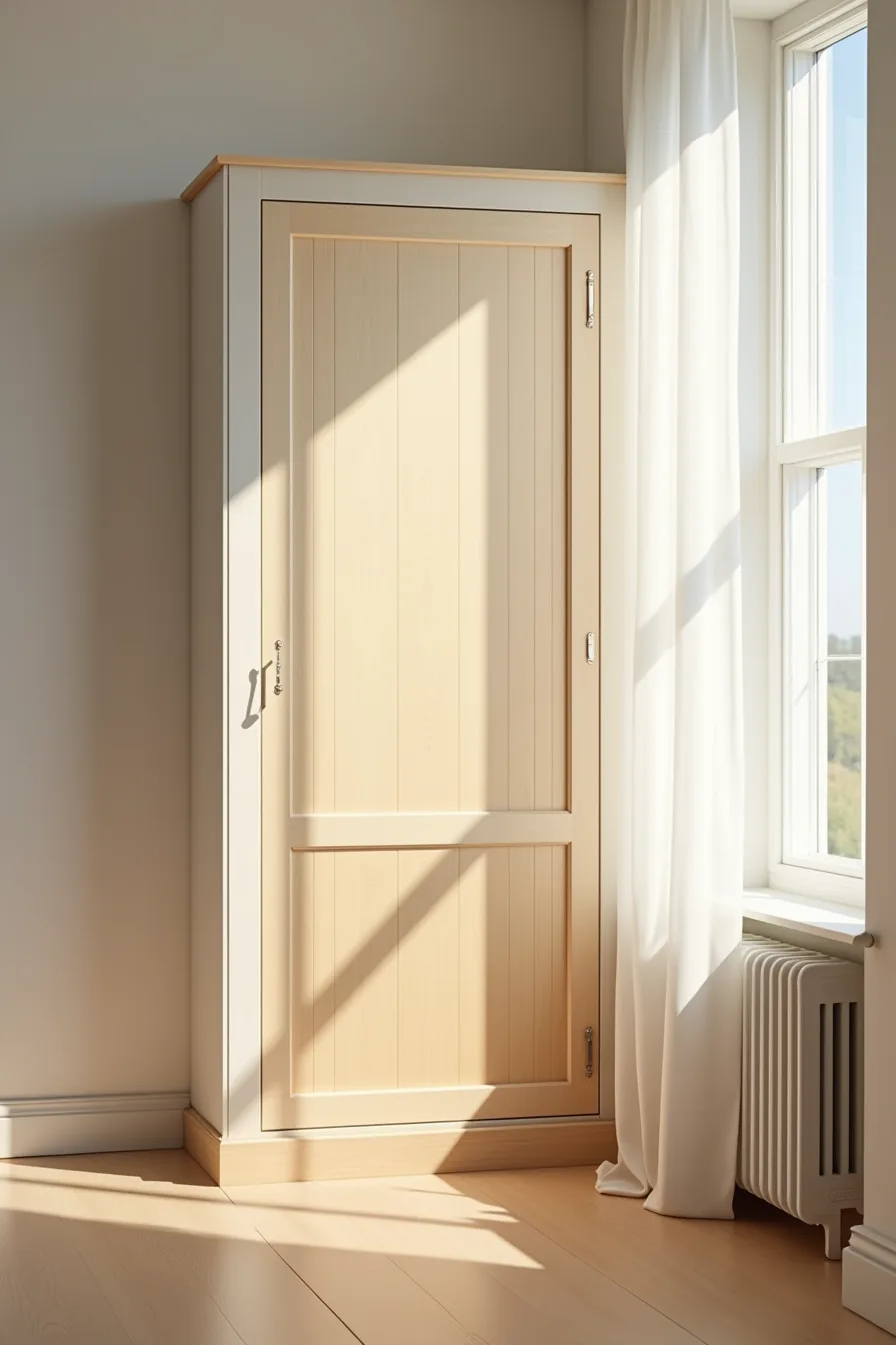 Cabinet door showing old veneer removal on left side and new peel-and-stick wood veneer on right side with original hardware.