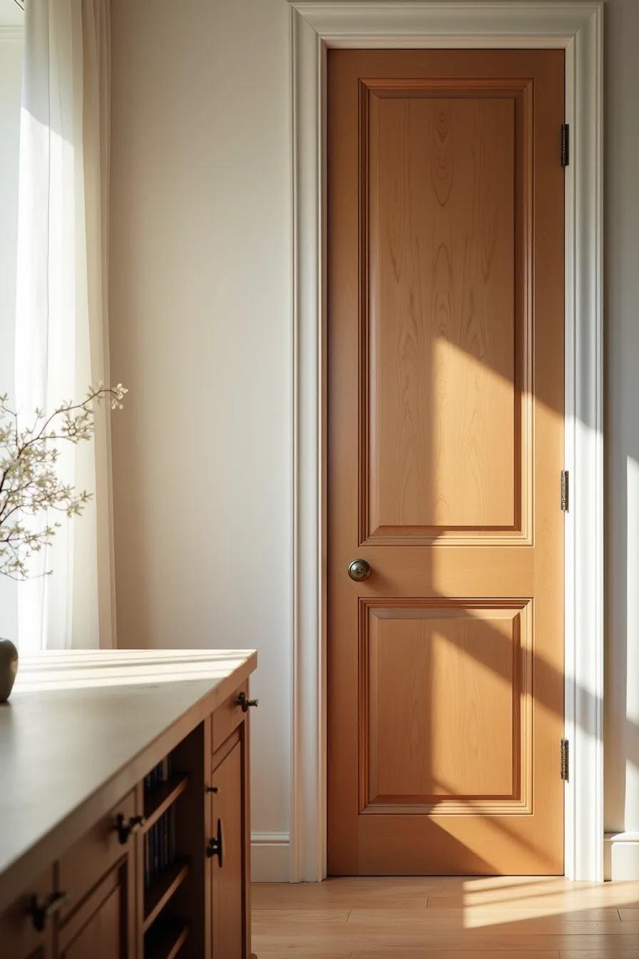 Solid cherry wood cabinet door with five-piece frame-and-panel construction, soft-close hinges, and brass knob.