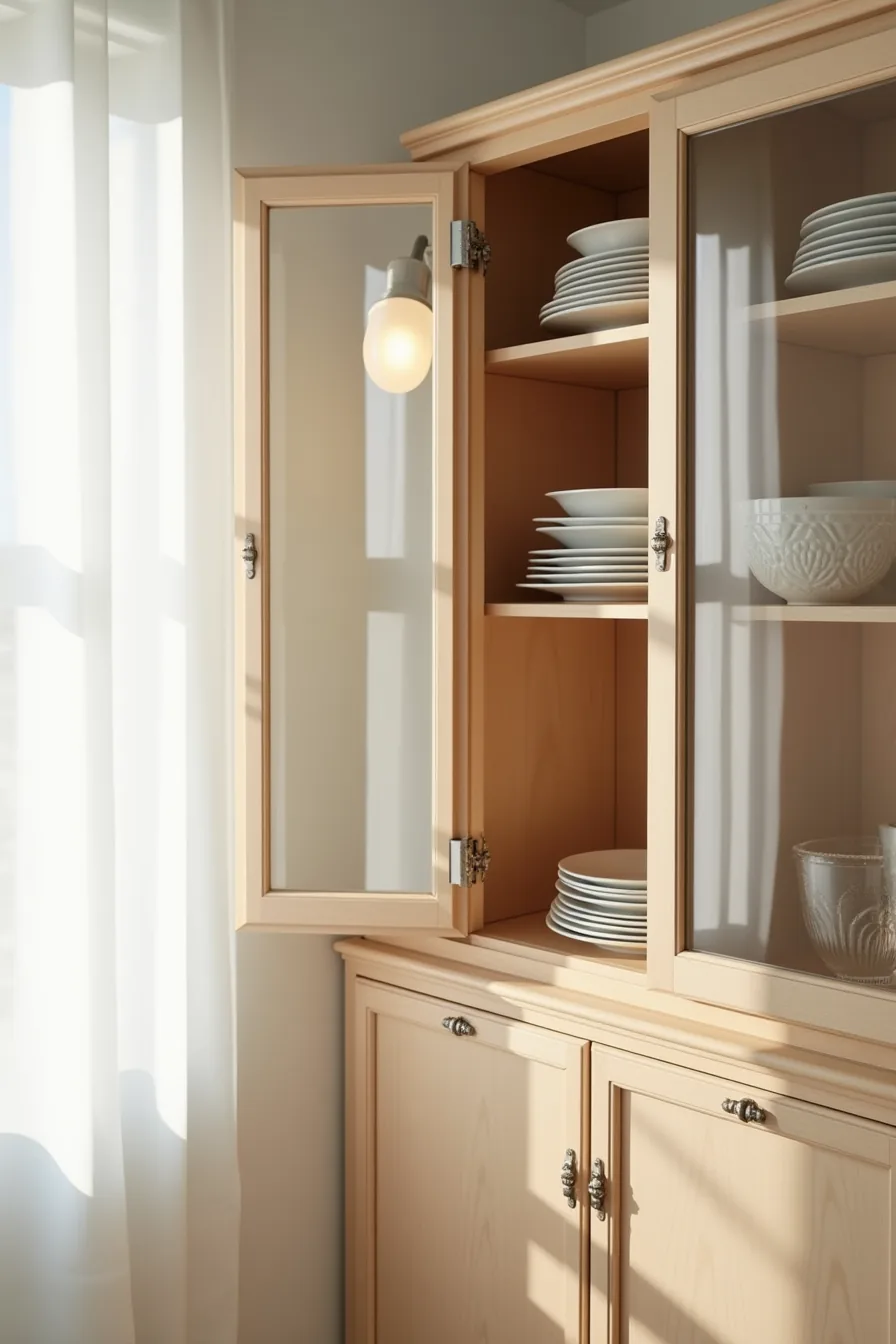 Glass-front upper cabinet door open, displaying stacked ceramic plates on a shelf above a solid wood lower cabinet.