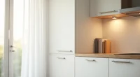 Matte white flat-panel cabinet door with brushed nickel handle above a stainless steel sink edge.
