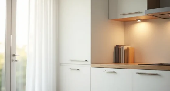 Matte white flat-panel cabinet door with brushed nickel handle above a stainless steel sink edge.