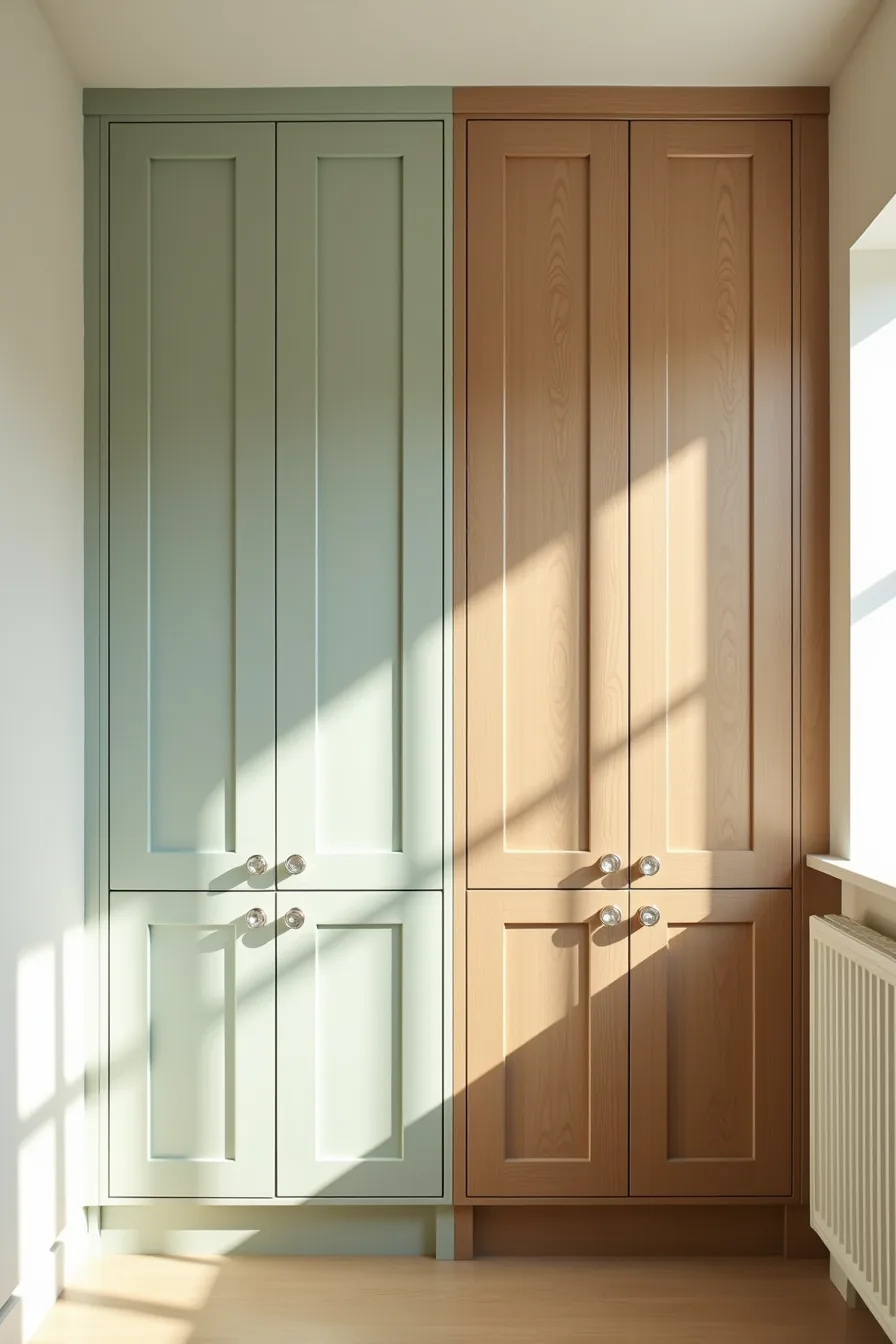 Three sage green satin-finish cabinet doors beside three natural walnut stain doors, each with handles.