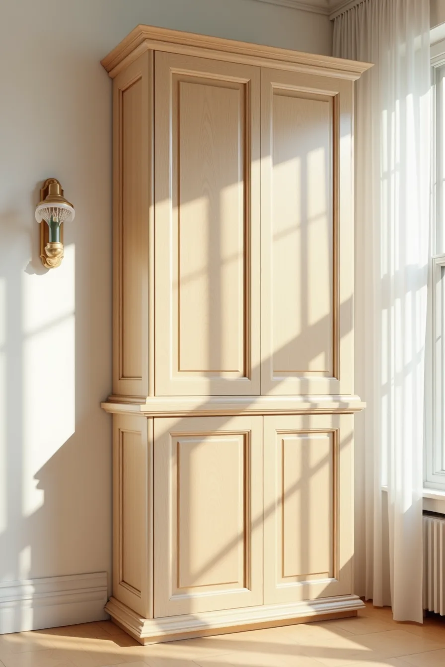 Three natural white oak shaker-profile cabinet doors with recessed panel frames and visible wood grain.