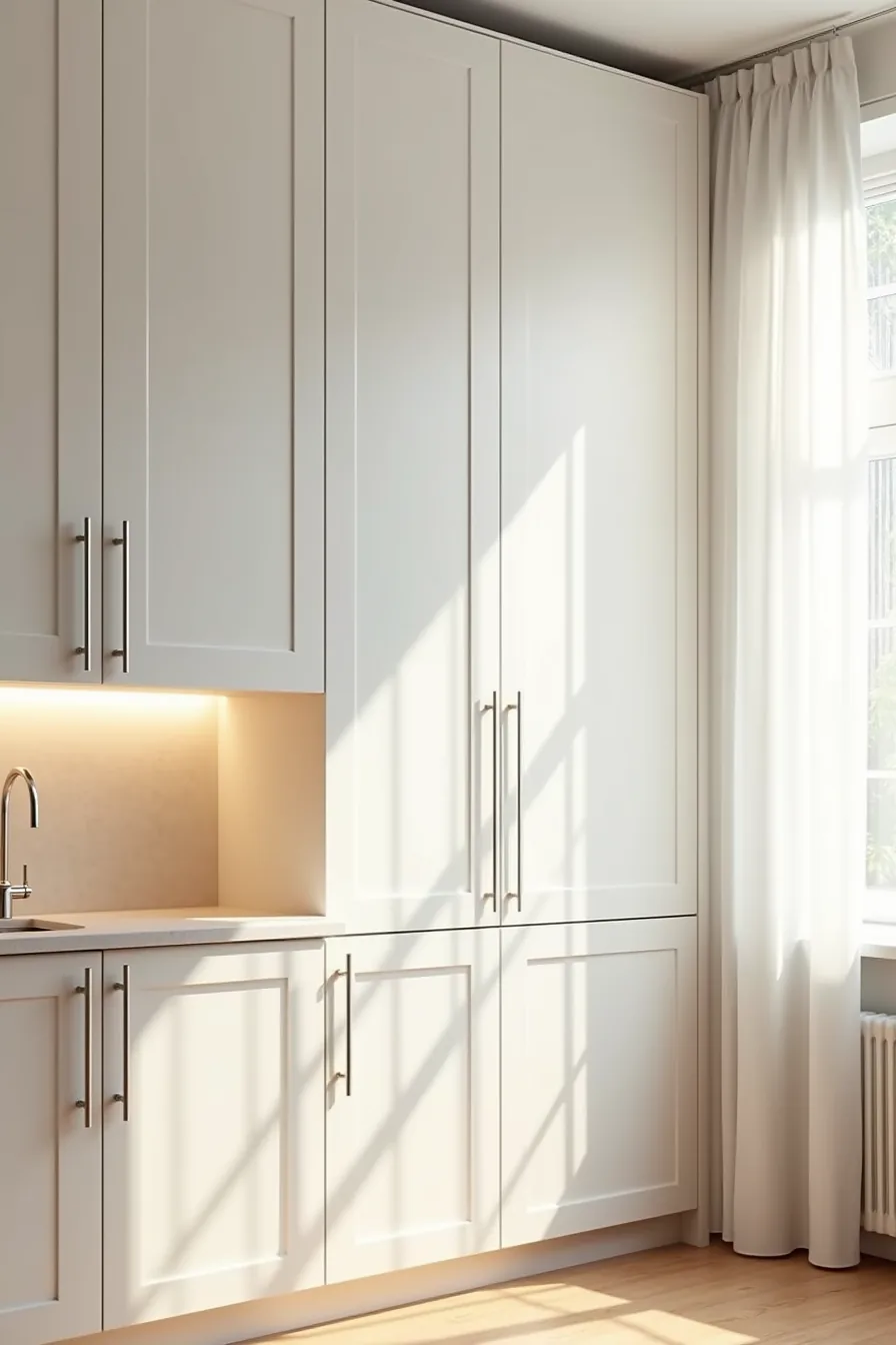 Five matte white flat-panel cabinet doors with vertical handles above a quartz countertop and chrome faucet.