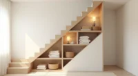 Wooden shelves angled beneath stairs hold folded linens and woven baskets in the triangular void space.