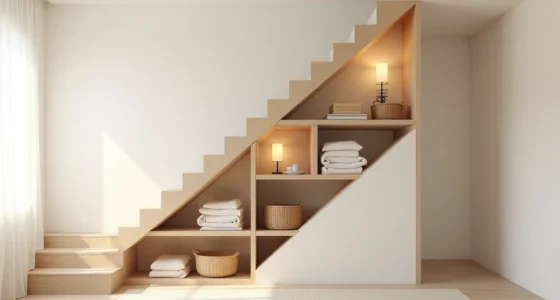 Wooden shelves angled beneath stairs hold folded linens and woven baskets in the triangular void space.