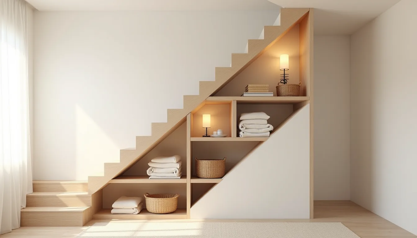 Wooden shelves angled beneath stairs hold folded linens and woven baskets in the triangular void space.