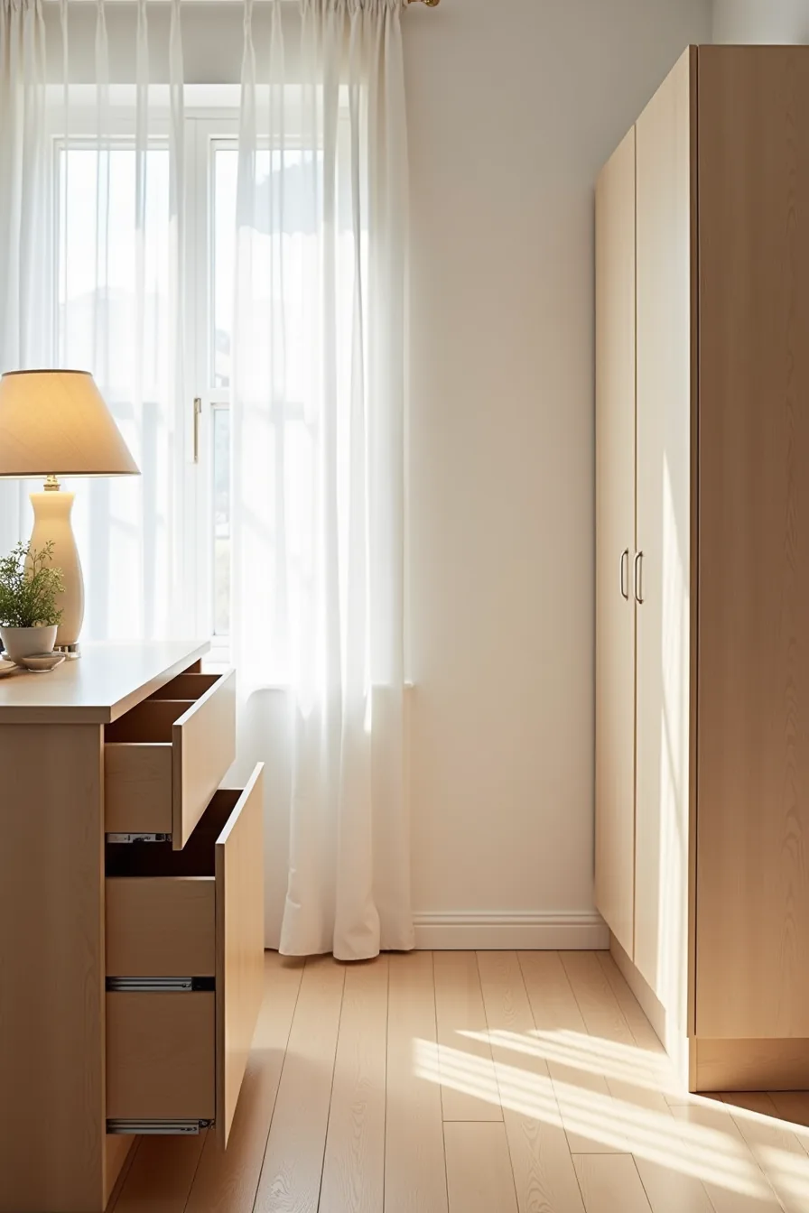 Pull-out drawers with glides and hinged cabinet doors are shown side-by-side under a staircase.