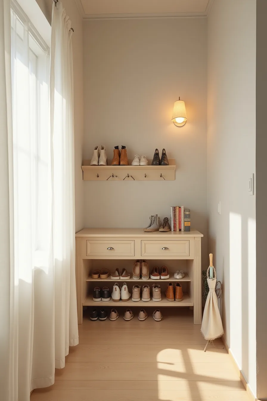 Under-stair entryway cabinet displays shoes on the top shelf with interior hooks below and an umbrella stand nearby.