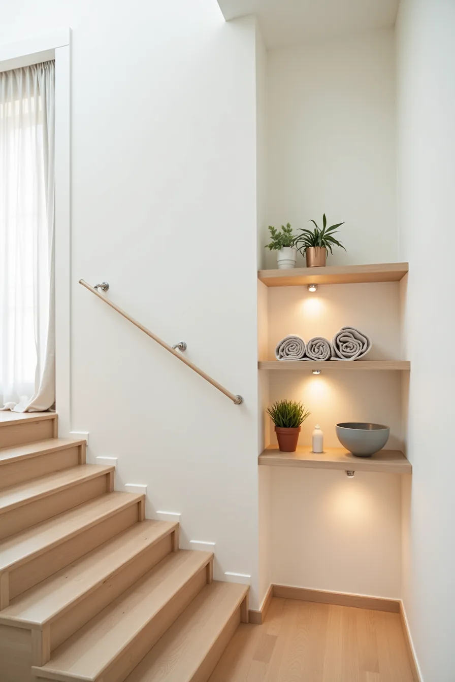 Floating shelves at varying angles under stairs display rolled towels, ceramic bowls, and potted plants.