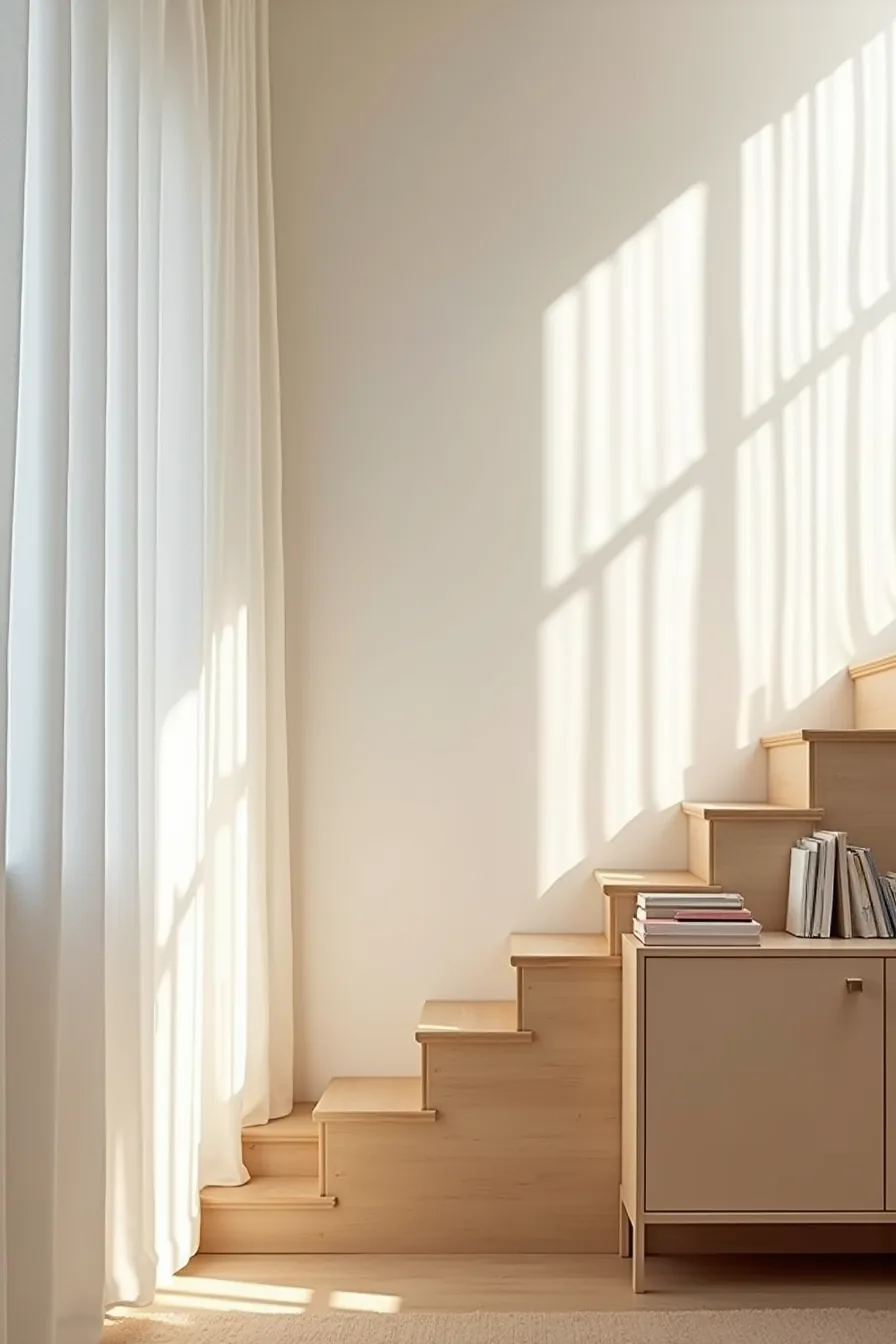 A freestanding wooden cabinet with adhesive-backed trim sits beneath the stairs, designed for easy repositioning.