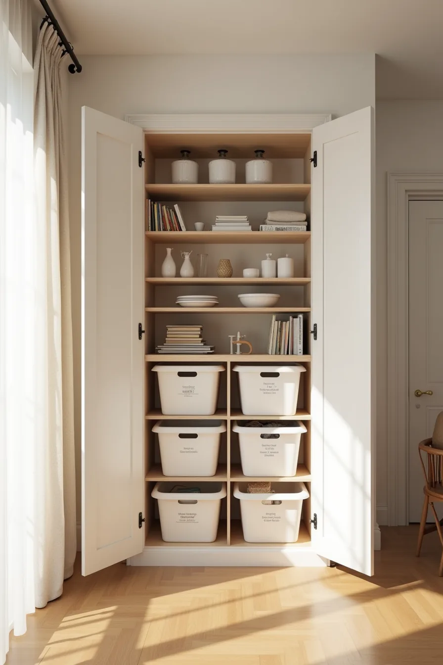 Labeled plastic storage bins fill deep shelves inside an open under-stair cabinet, organized by cleaning and seasonal items.