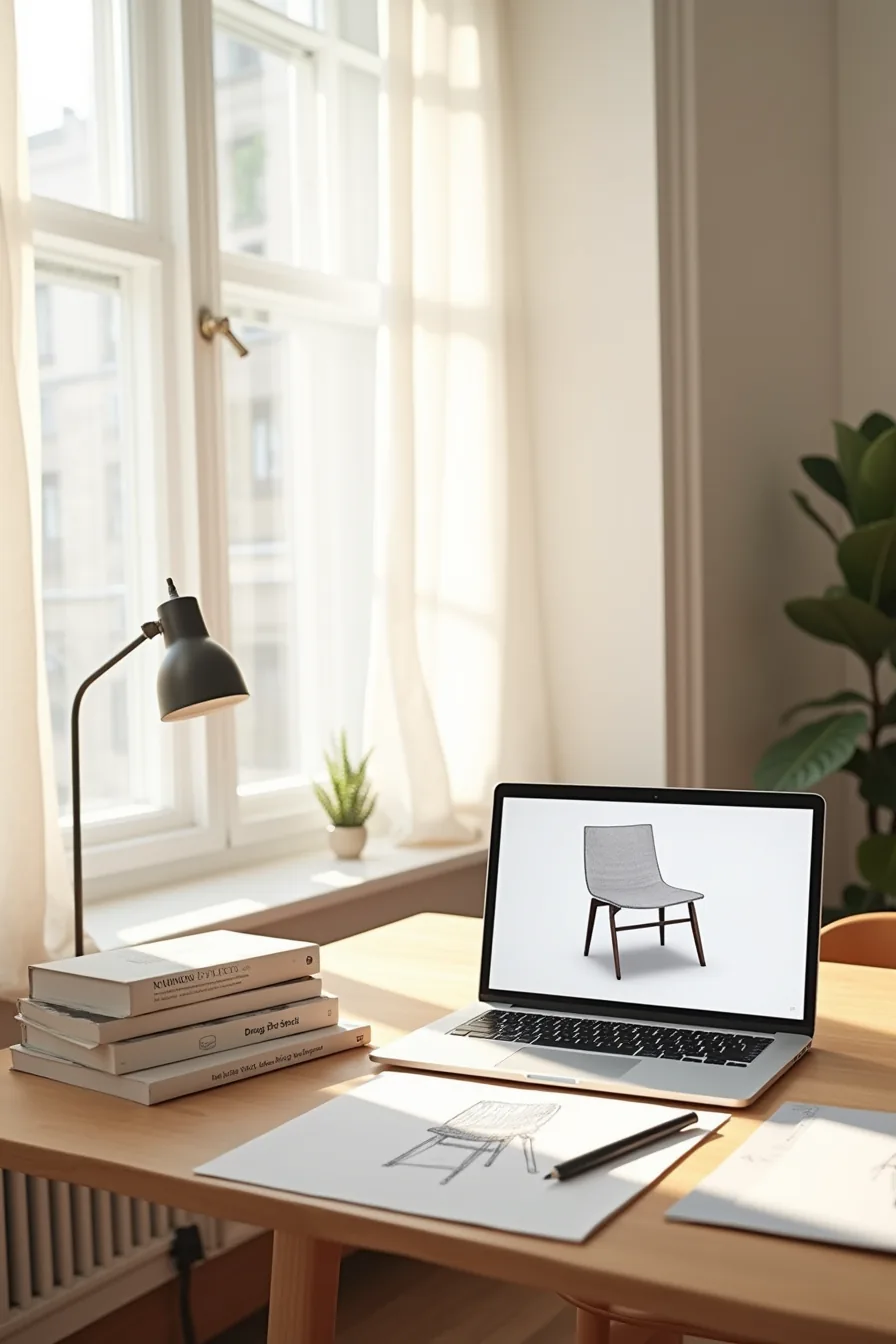 Pencil sketch of chair on paper beside laptop displaying the same design, with drawing tablet and stylus pen between them.