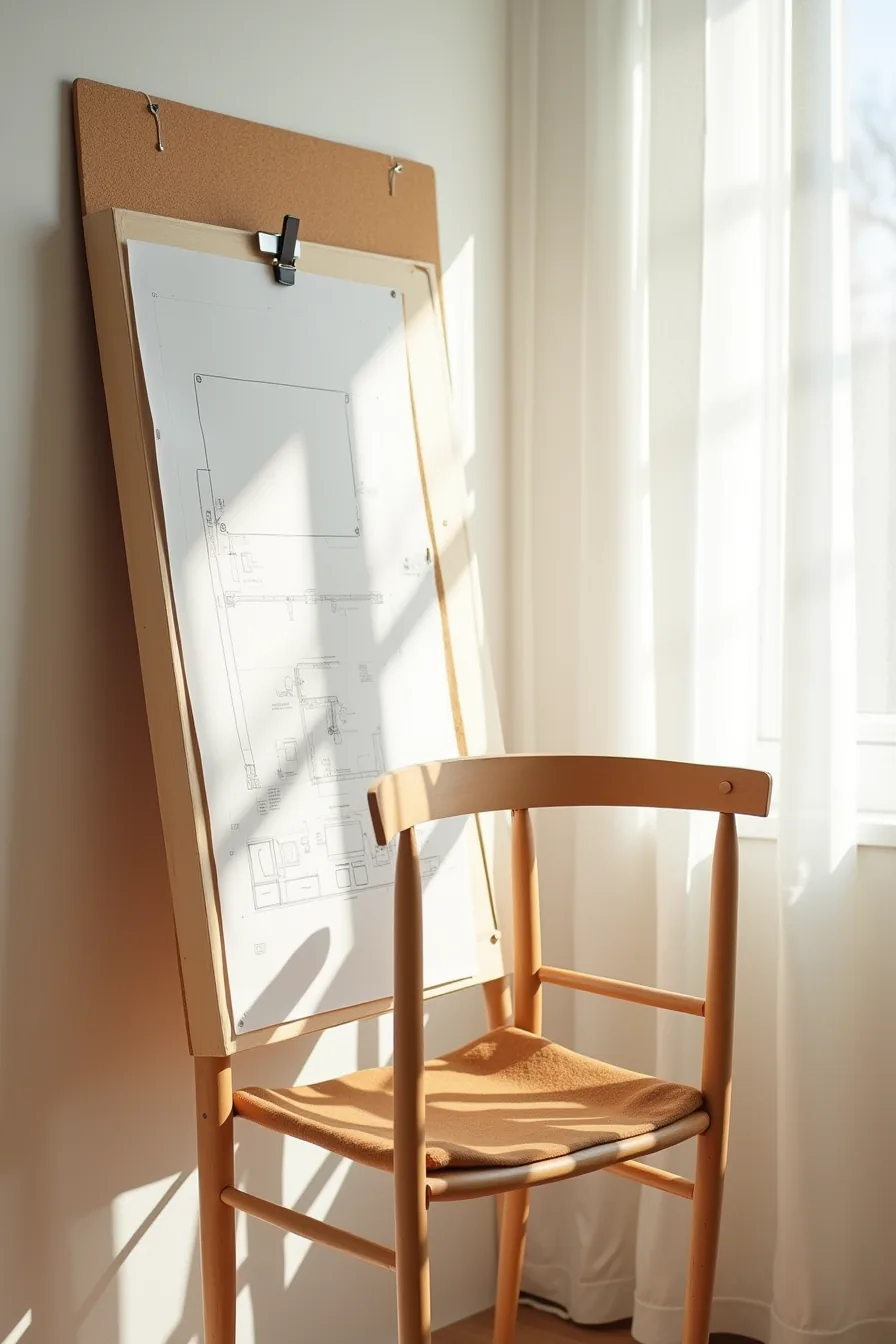 Technical drawing pinned beside wooden dowel and plywood chair mockup with upholstery swatches and joinery detail sketch.