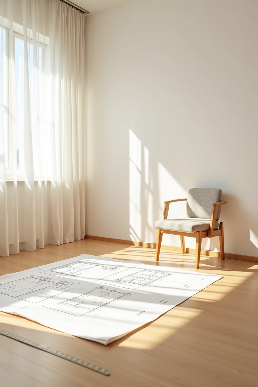 Compact chair footprint at 1:10 scale surrounded by three apartment floor plan outlines and a scale ruler on gridded paper.