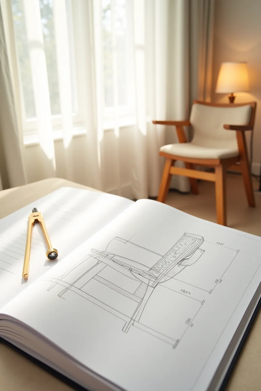 Technical drawing with front and side chair elevations, blue construction lines, dimension marks, and drafting compass on