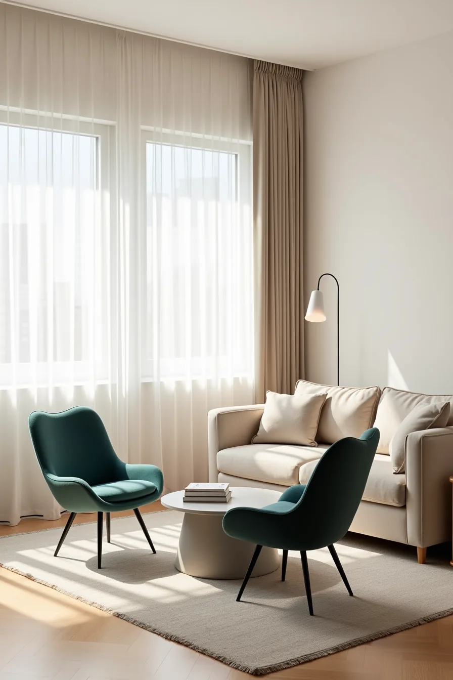 Beige linen sofa facing two teal metal-leg chairs angled inward around a concrete coffee table on an area rug.
